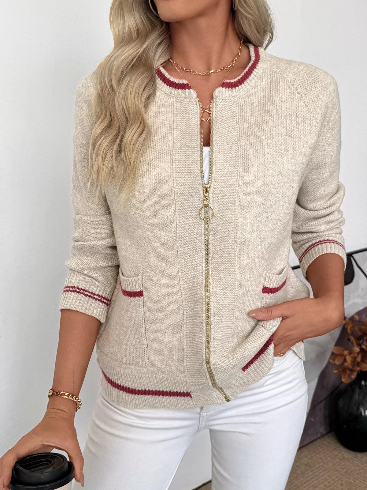 Zip Up Contrast Trim Cardigan