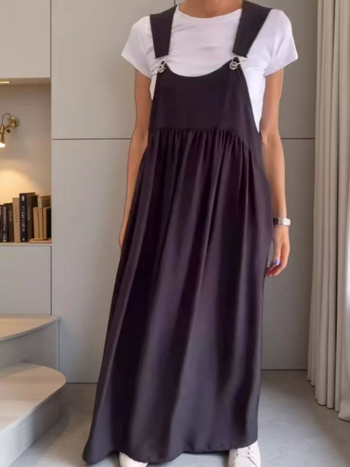 Full Size Ruched Wide Strap Overall Maxi Dress Plus Size