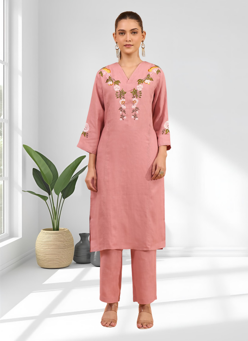 Pink Linen Embroidered Long Kurta with Pant Set for Women