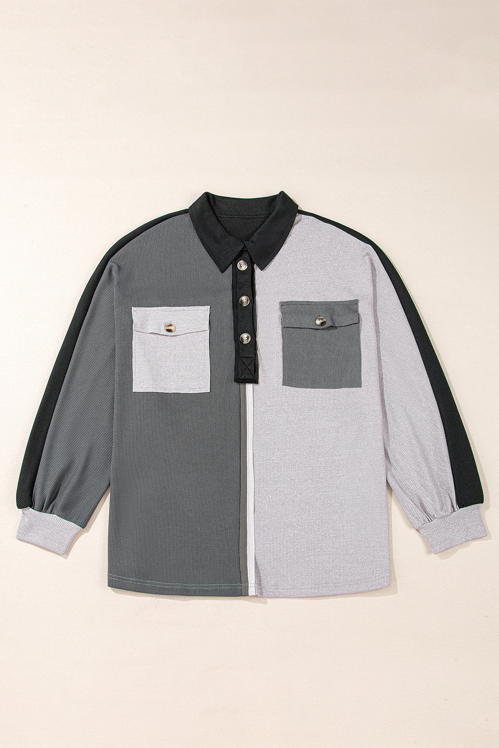 Gray Colorblock Ribbed Oversized Henley Sweatshirt