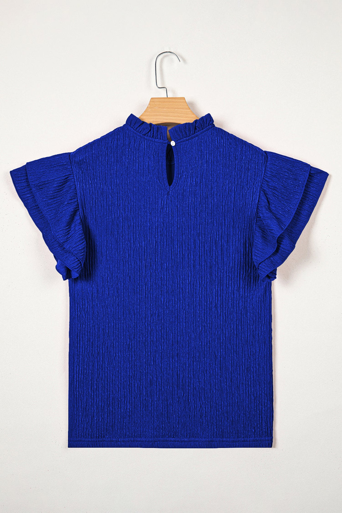 Solid Textured Ruffle Trim Short Sleeve Blouse - Feminine Top