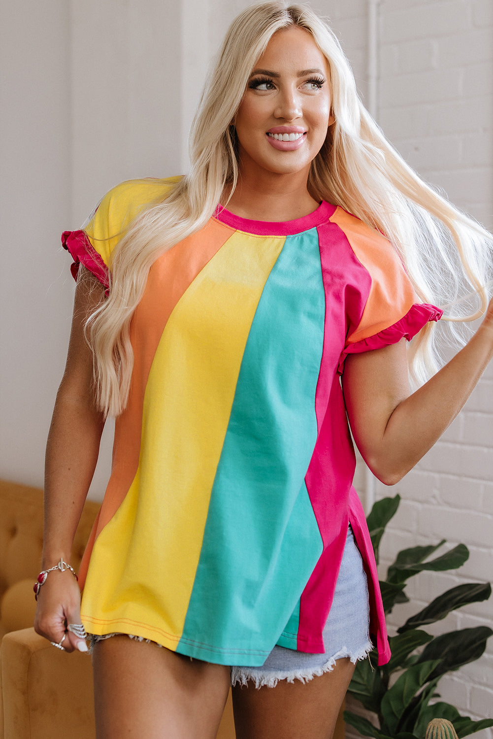 Rose Red Color Block Ruffled Crew Neck Loose Fit T-Shirt