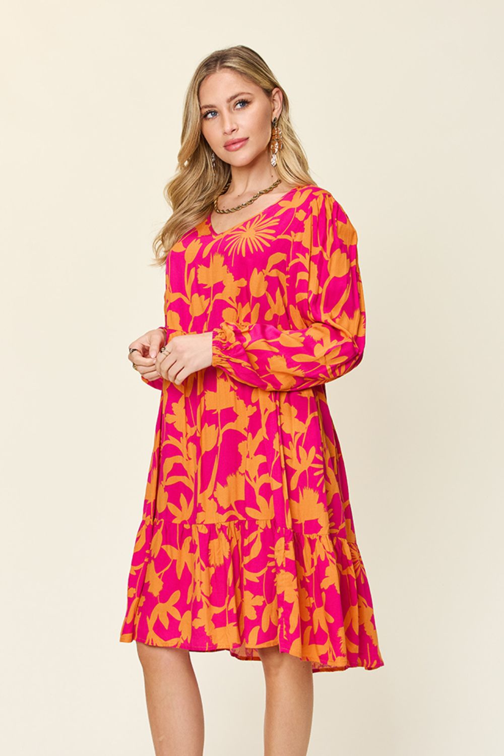 Printed Ruffle Hem Dress with Functional Pockets