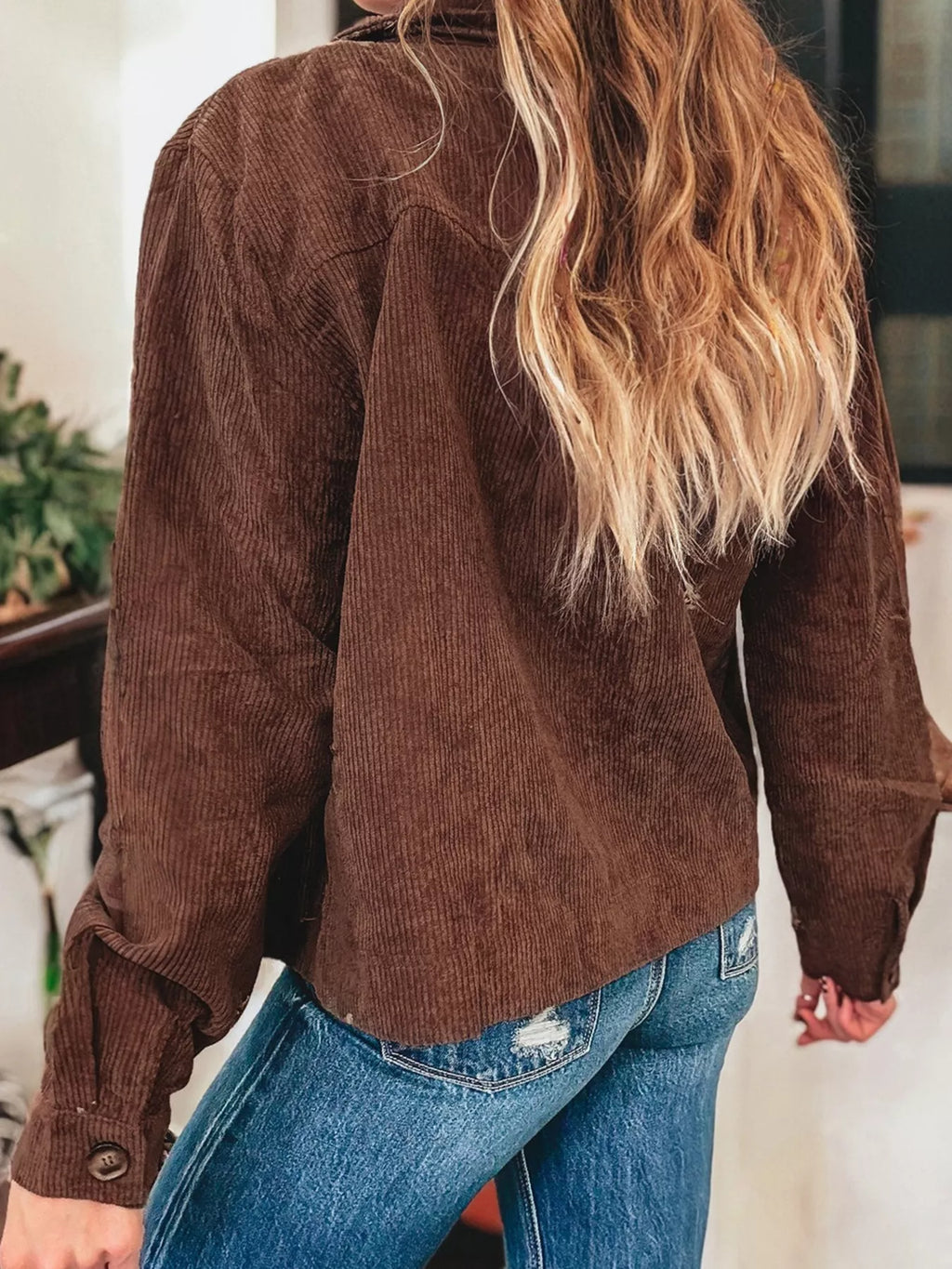 Floral Embroidered Collar Button Front Corduroy Jacket