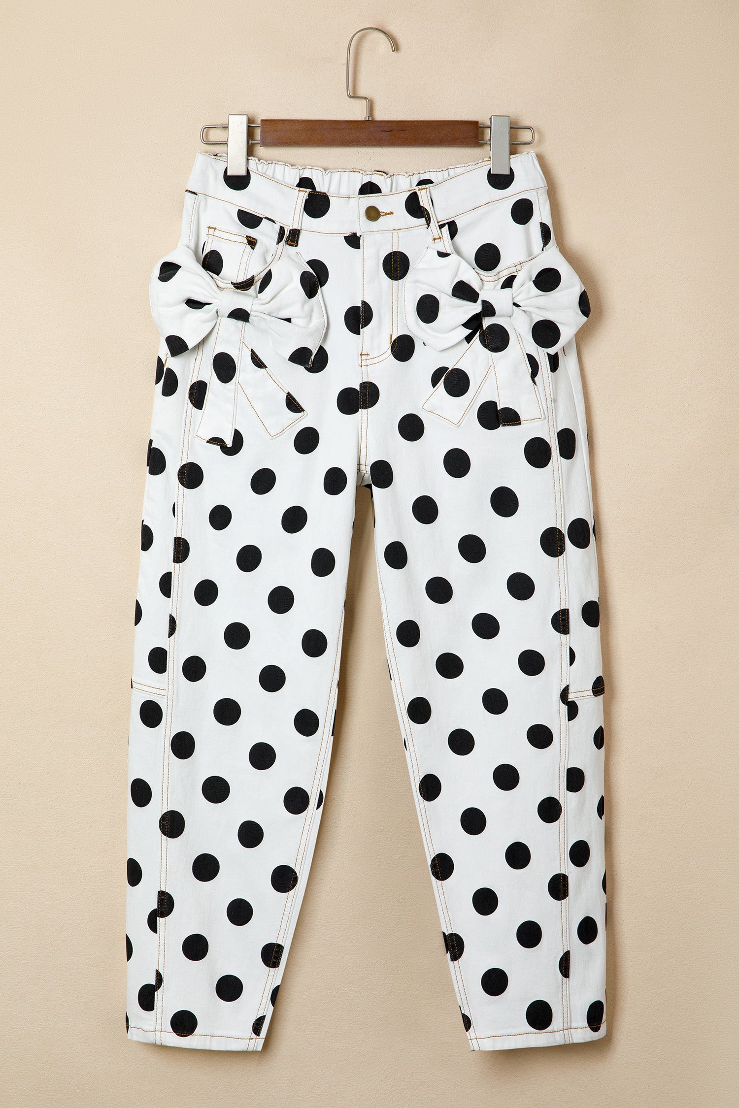 Polka Dot Denim Barrel Leg Jeans with Bow Pocket Details