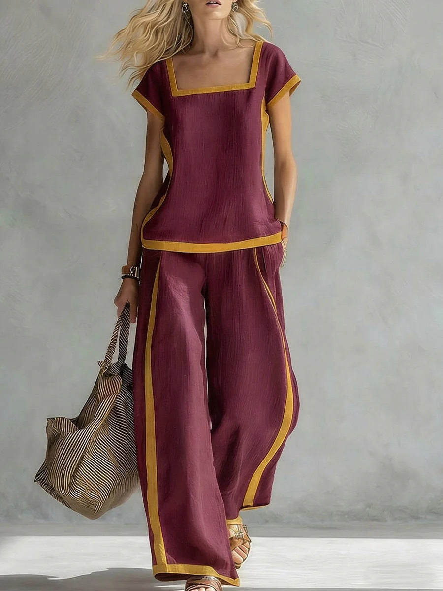 Women’s Square Neck Short Sleeve Two Piece Pants Set with Trim - Image 8