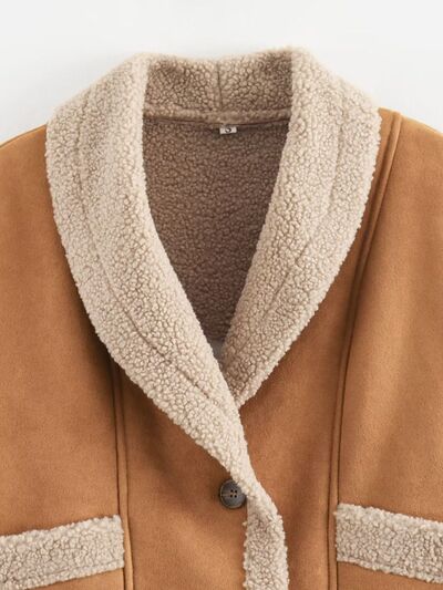 Women’s Fuzzy Collared Long Sleeve Jacket with Button Closure