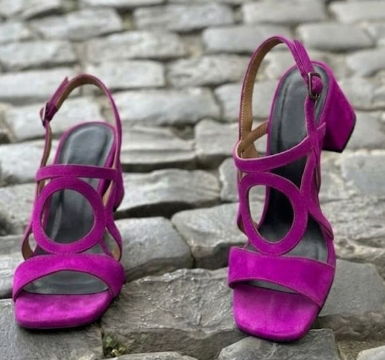 Suede Hollow-Out Pointed Toe Stiletto Sandals with Buckle Strap