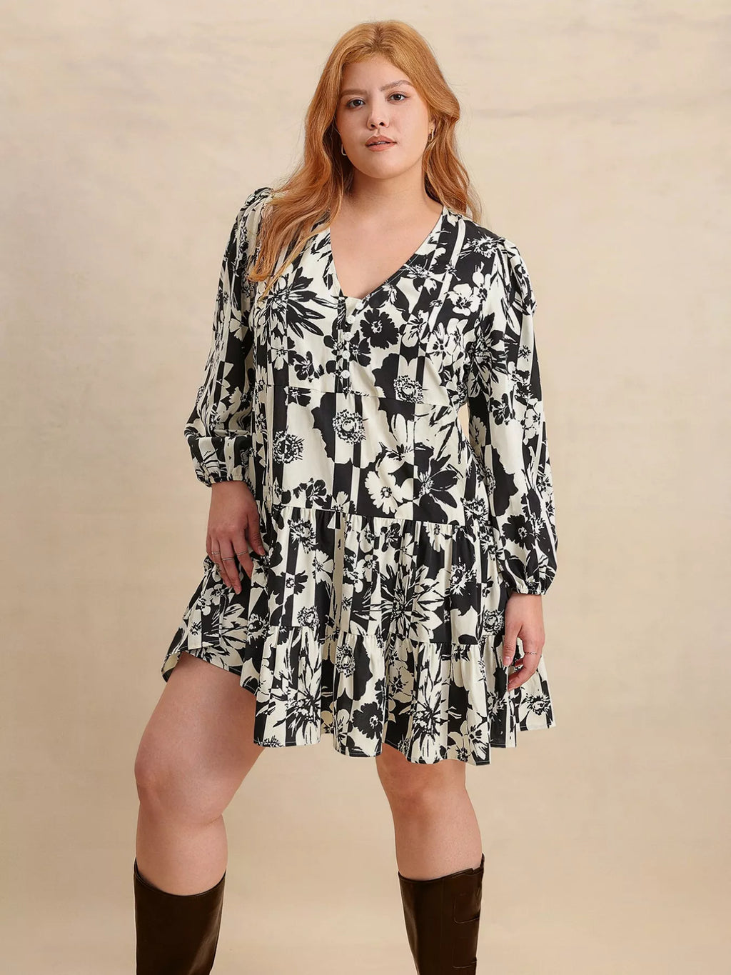 Plus Size Printed V-Neck Long Sleeve Mini Dress