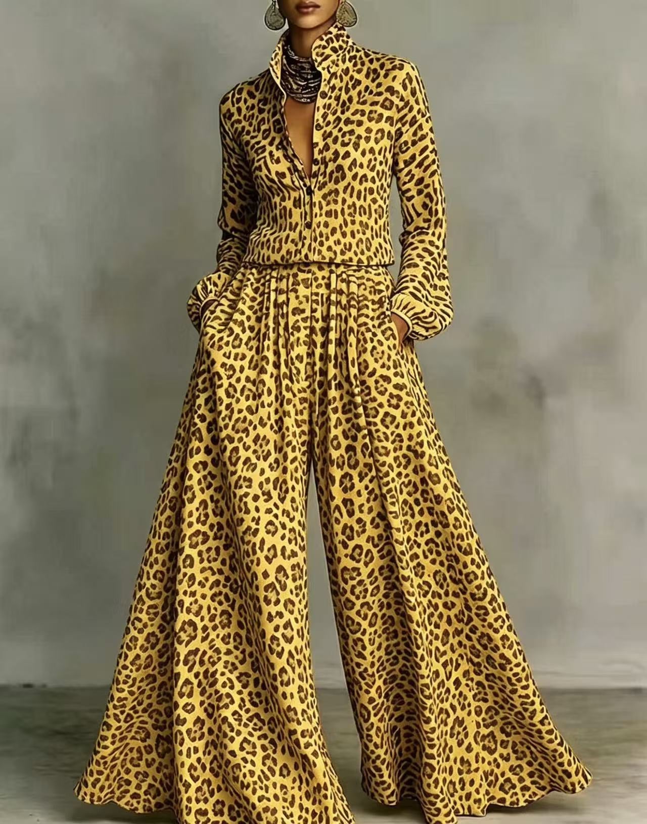 Leopard Print Wide-Leg Pants Set - Bohemian Casual Two-Piece