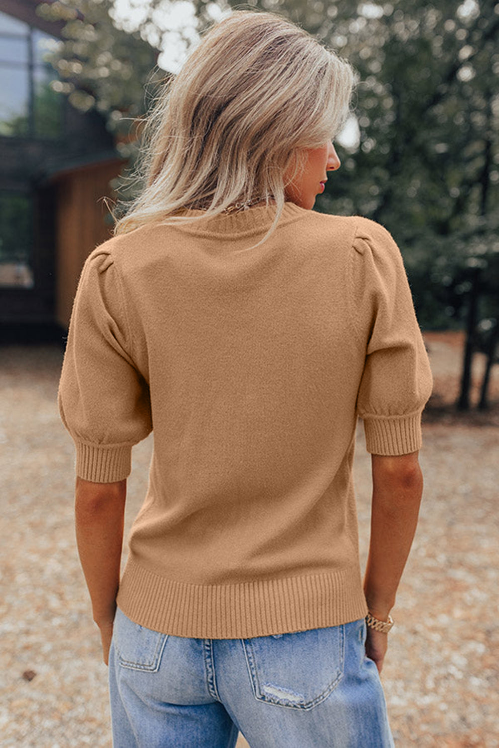 Light French Beige Short Puff Sleeve Knit Sweater