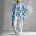 Women's Navy Batwing Top and Striped Linen Wide-Leg Pant Set - Image 4