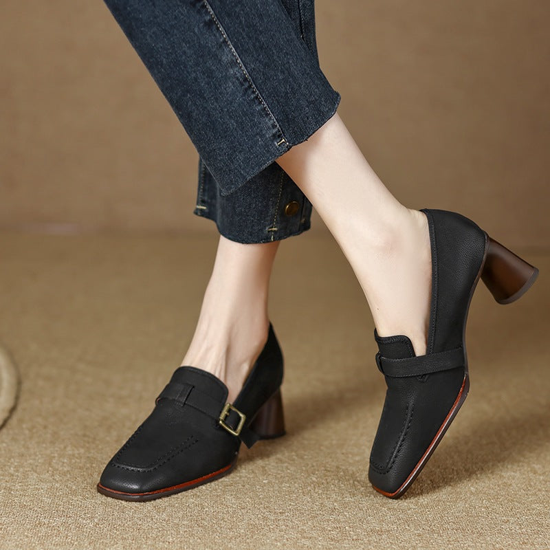 Women's Retro British Style Chunky Heel Leather Pumps - Image 6