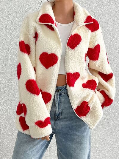 Women's Heart Zip Up Faux Fur Jacket Y2K Streetwear Fluffy Coat