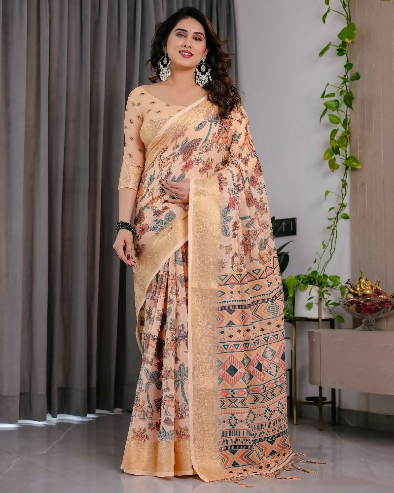 Elegant cream pure handloom linen saree with matching blouse piece