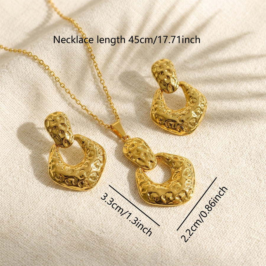 Gold Tone Hammered Textured Open U Shape Square Jewelry Set 2Pcs Women Pendant Necklace Drop Earrings Vintage Boho Concave Convex Statement Metal Jewelry Dropshipping Gift