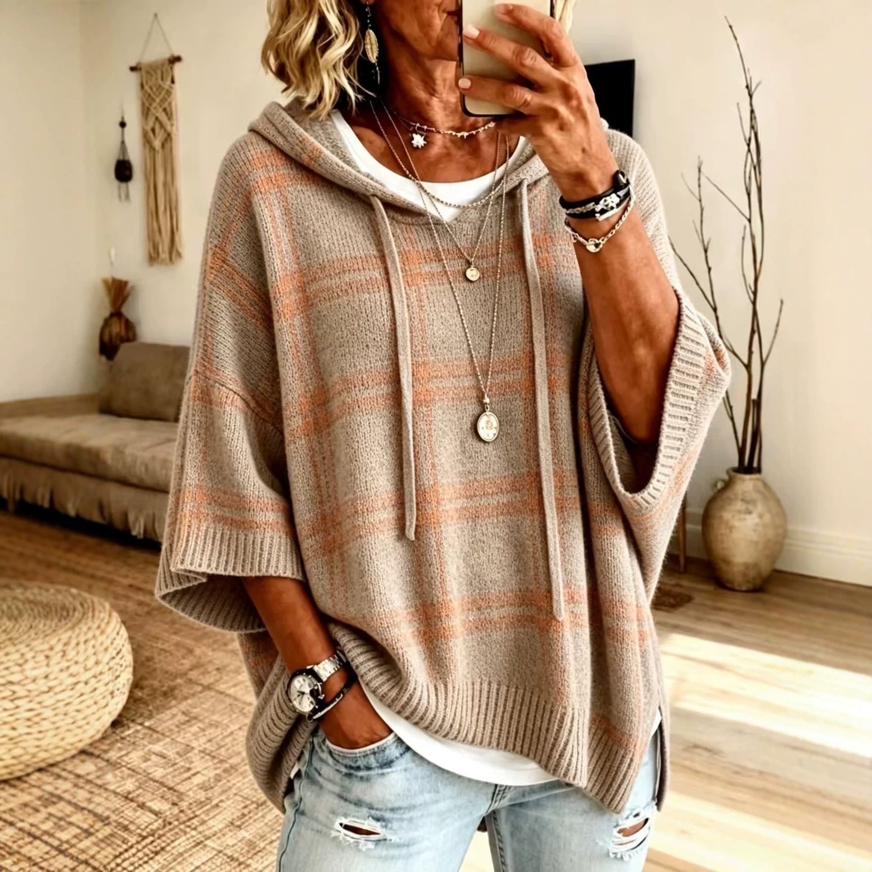 Plaid Knit Hooded Batwing Sweater