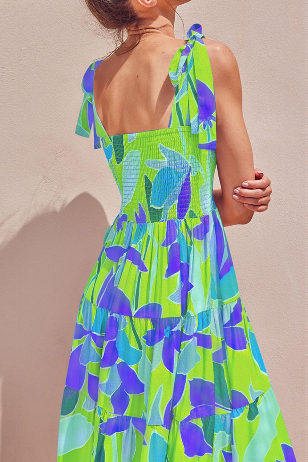 Floral Tie-Shoulder Smocked Midi Dress for Vacation