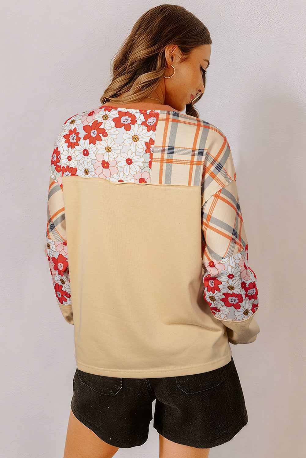 Parchment Floral Plaid Patchwork Henley Top