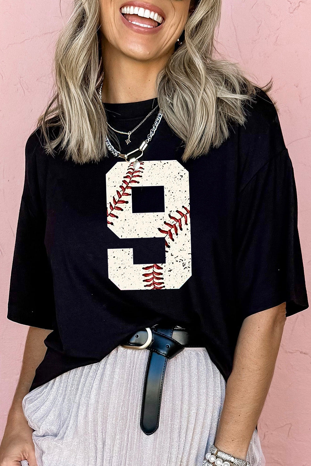 Black Game Day Baseball Pattern Oversized Heat Transfer Tee