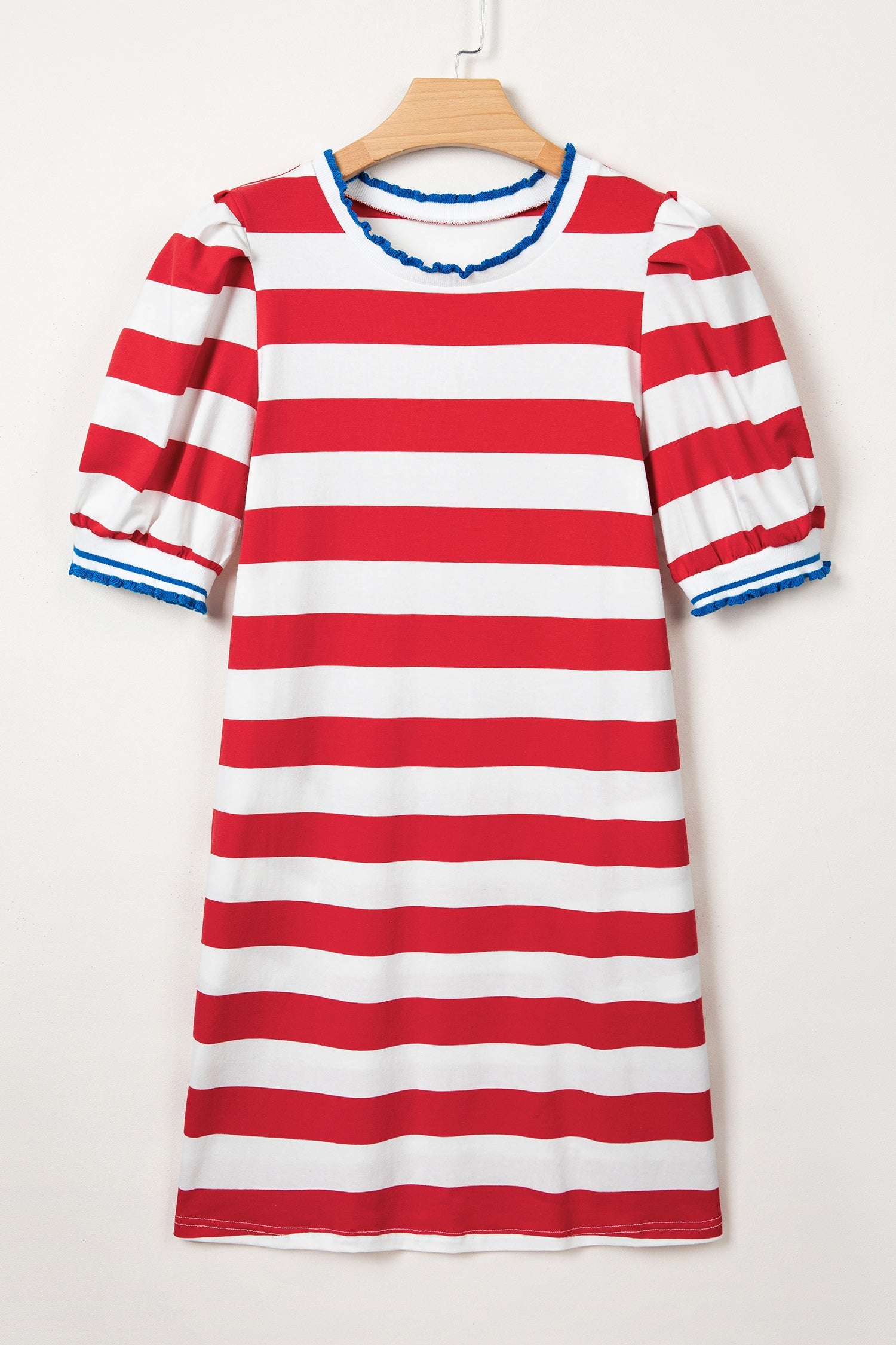 Miriam Striped Ruffled Shift Mini Dress in Red White and Blue