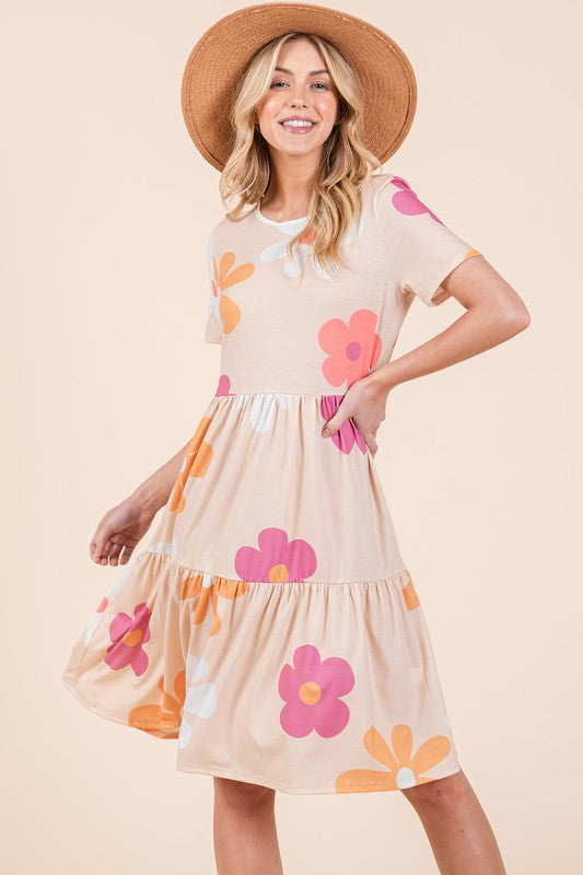 Floral Round Neck Short Sleeve Tiered Mini Dress