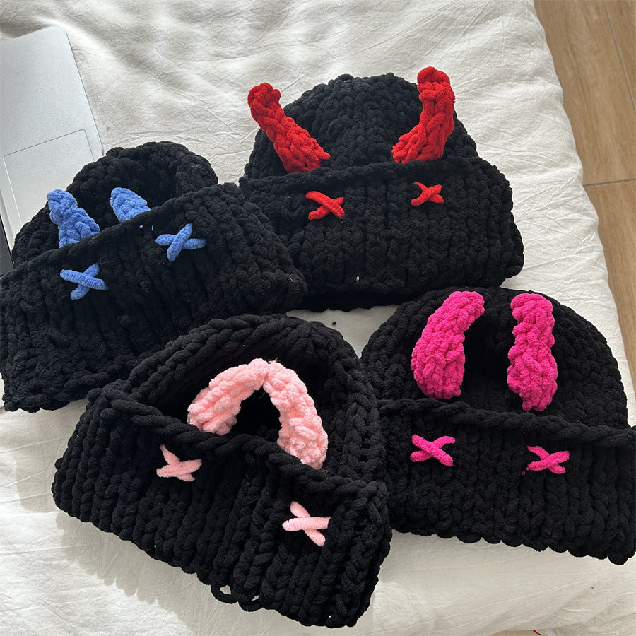 Cute Devil Horn Hood Knit Hat with Mask – Thickened Warm Acrylic Beanie | Sweet Cool INS Style | 4 Colors: Pink, Rose Red, Blue & Red