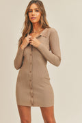 Ribbed button-up mini shirt dress in beige, featuring a minimalist preppy style
