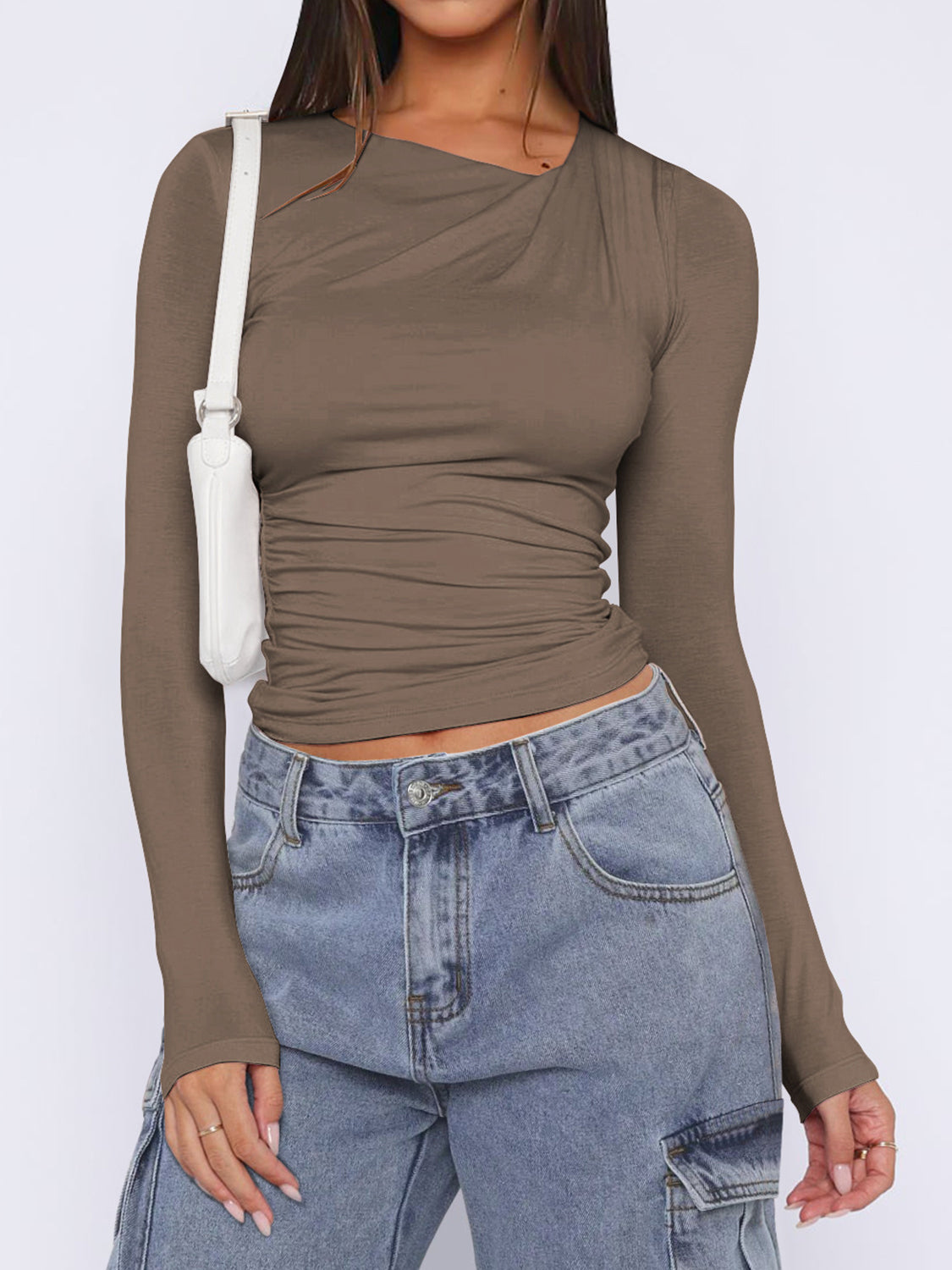 Ruched Asymmetrical Neck Long Sleeve T-Shirt in Slim Fit - Image 10
