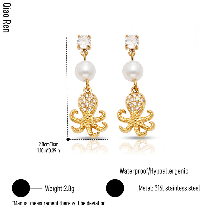 Bohemian Ocean Style High-quality Stainless Steel Octopus-shaped Pearl Earrings
