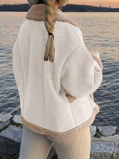 Women’s Fuzzy Collared Long Sleeve Jacket with Button Closure