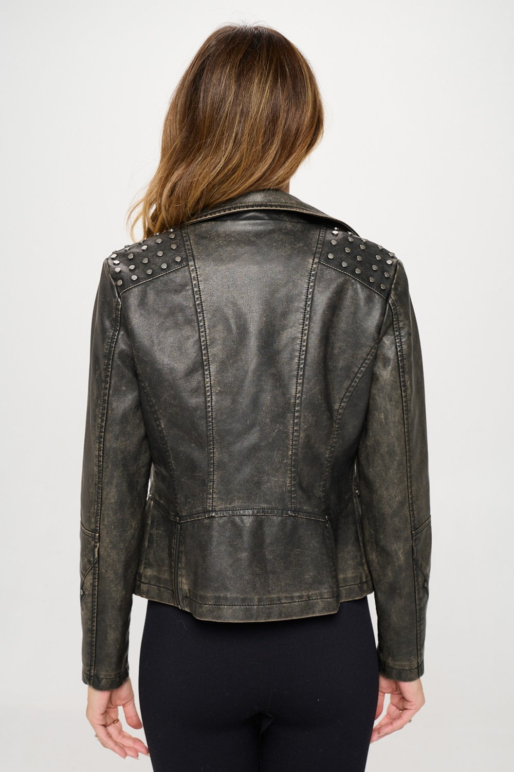 Women's Distressed Studded Faux Leather Moto Jacket - Image 2