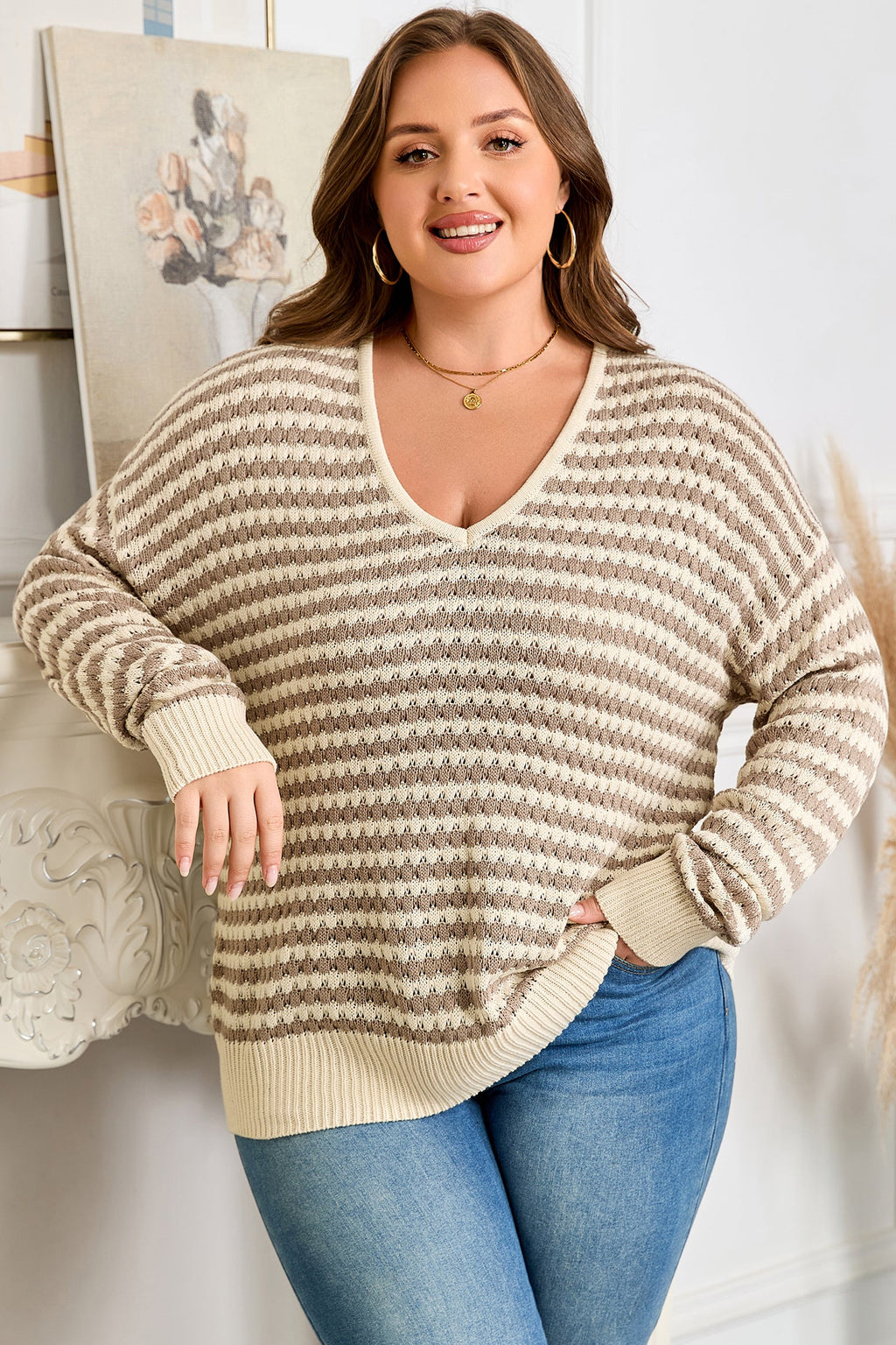 Women's Striped Drop Shoulder V-Neck Sweater in Tan and Cream