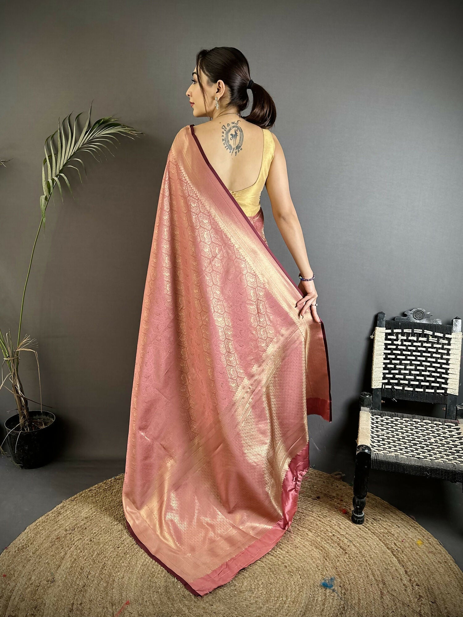 Rose Gold Paisley & Floral Soft Satin Silk Banarasi Saree