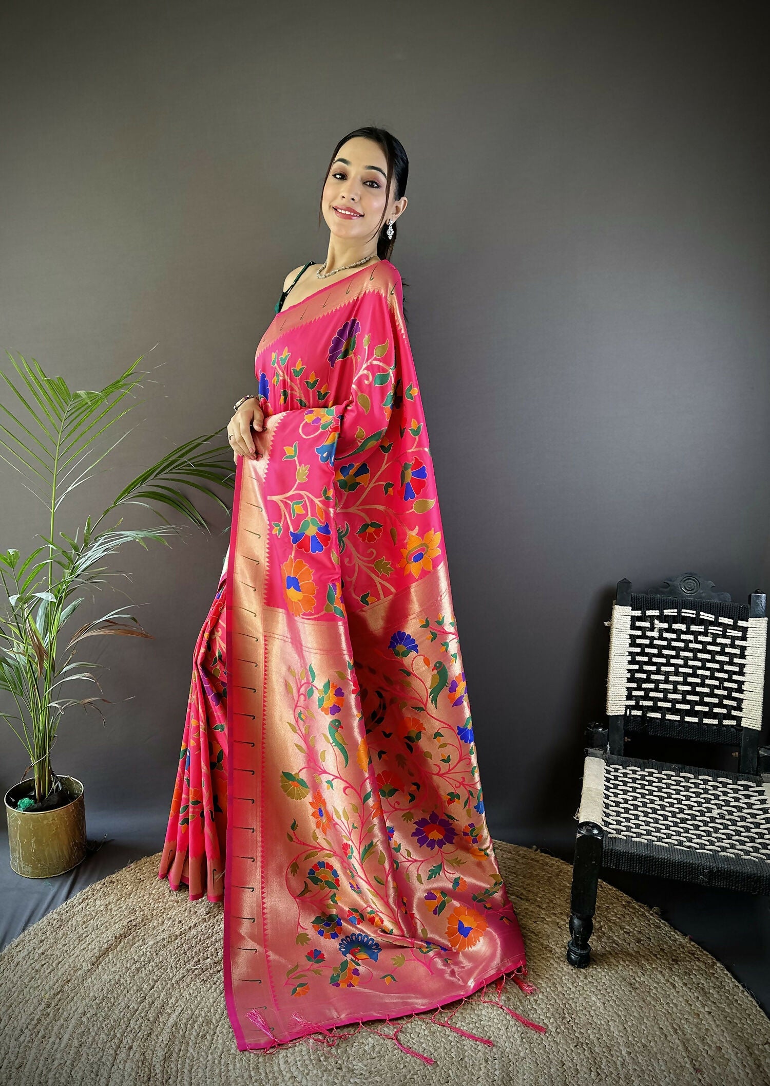 Reddish Pink Soft Silk Paithani Saree with Zari Motifs