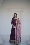 Wine-colored Faux Blooming Anarkali dress with sequins and zari embroidery