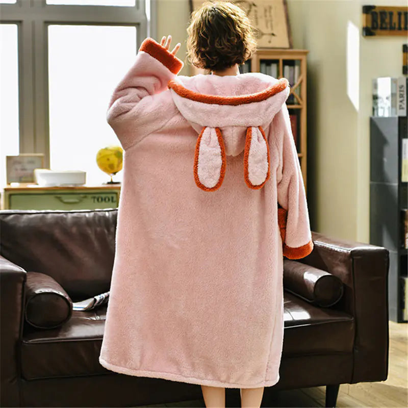 Hooded Coral Fleece Kimono Robe for Women