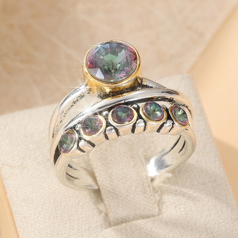 Bohemian Multi-Band Stackable Ring with Iridescent Cubic Zirconia