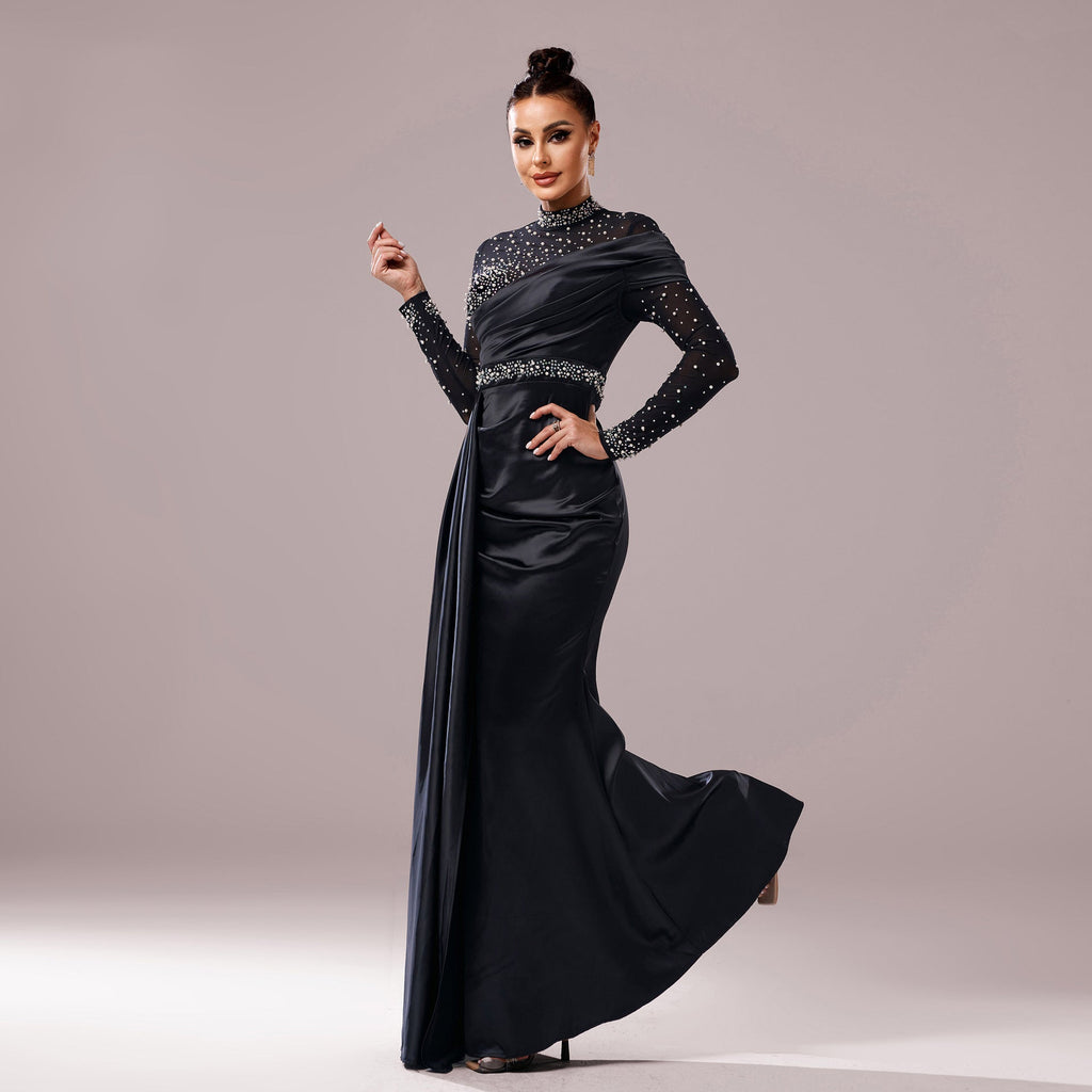 Black Long Sleeve Fishtail Evening Dress with Sequins and Pearls