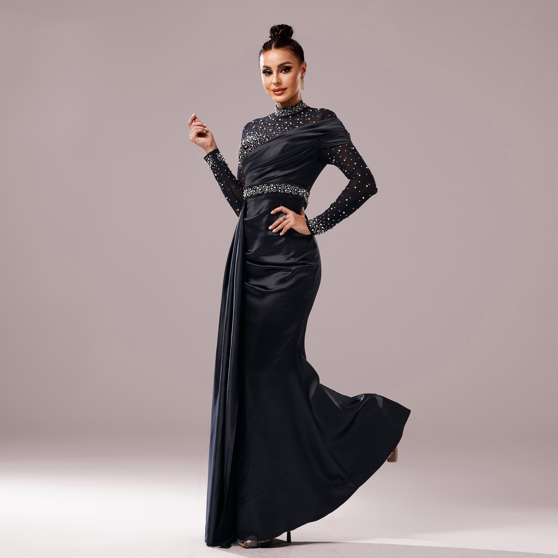 Black Long Sleeve Fishtail Evening Dress with Sequins and Pearls