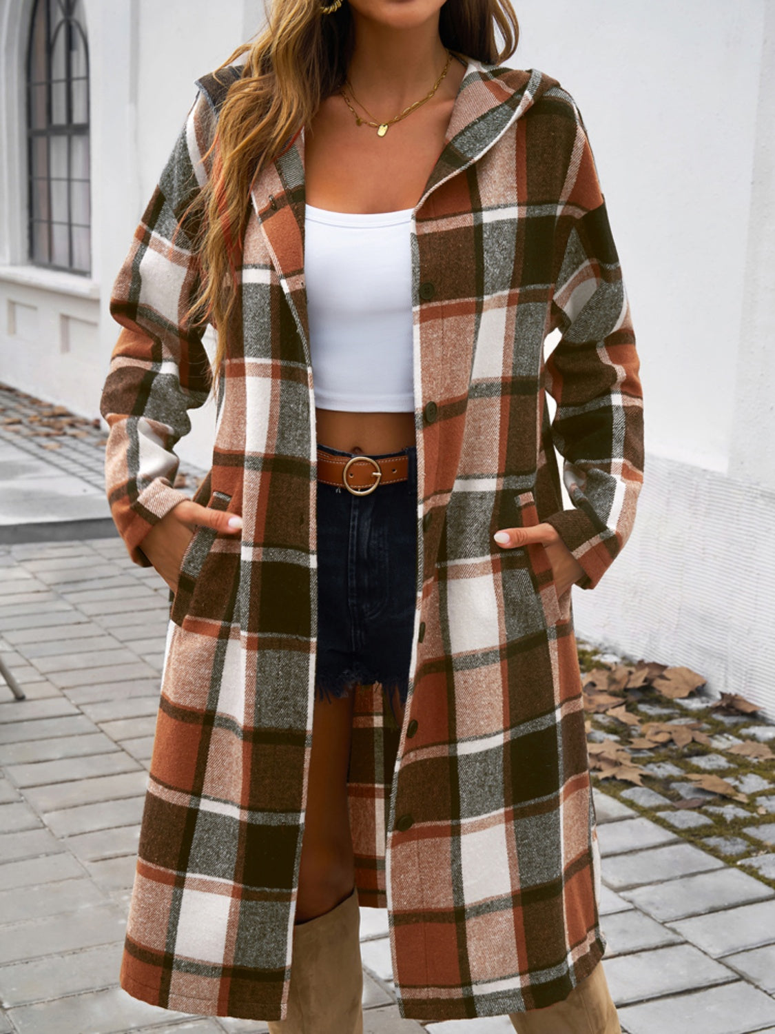 Women's Plaid Long Sleeve Hooded Coat in Brown and Green - Image 3