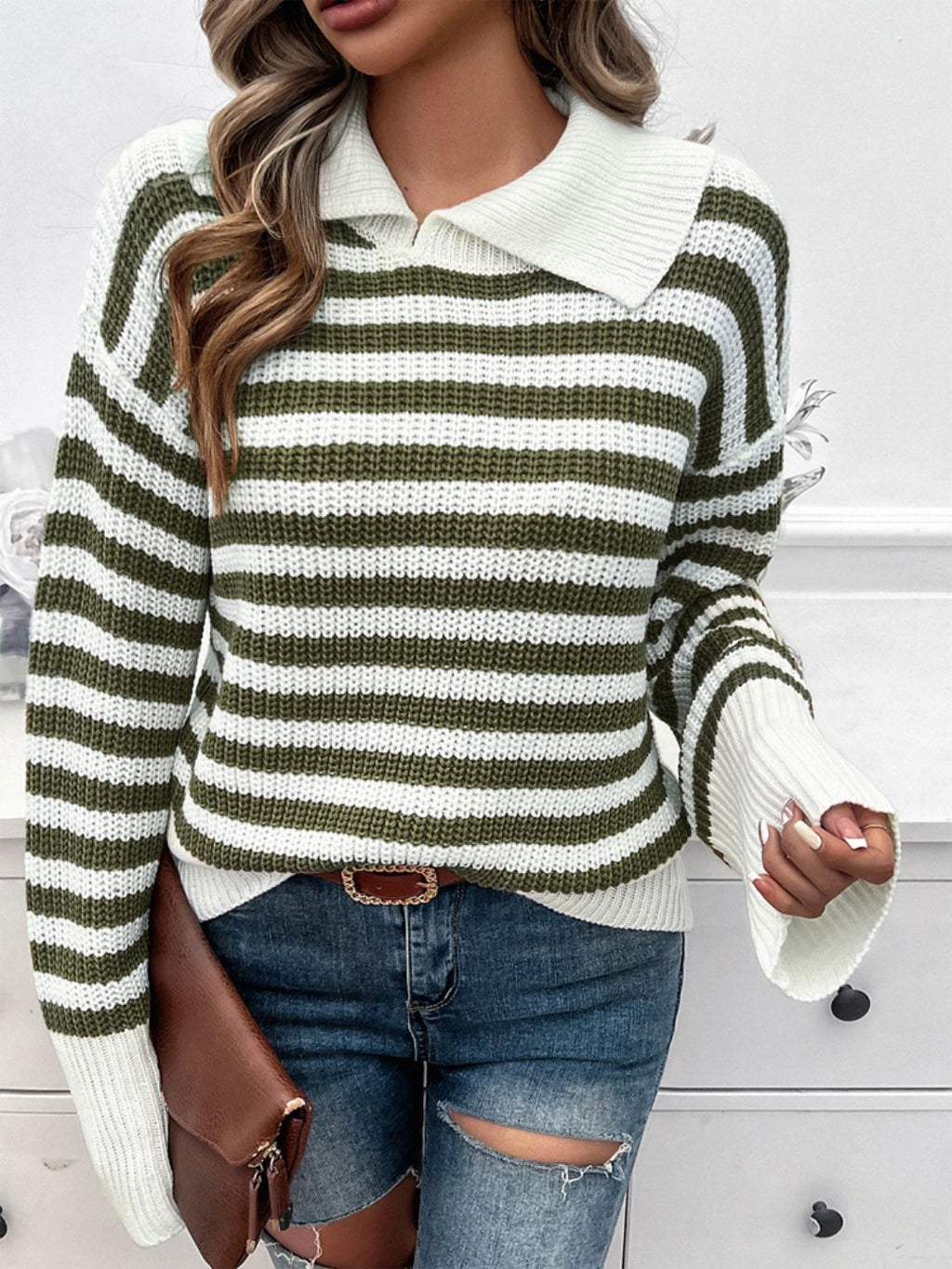 Women's Collared Striped Knit Sweater in Brown and White - Image 18