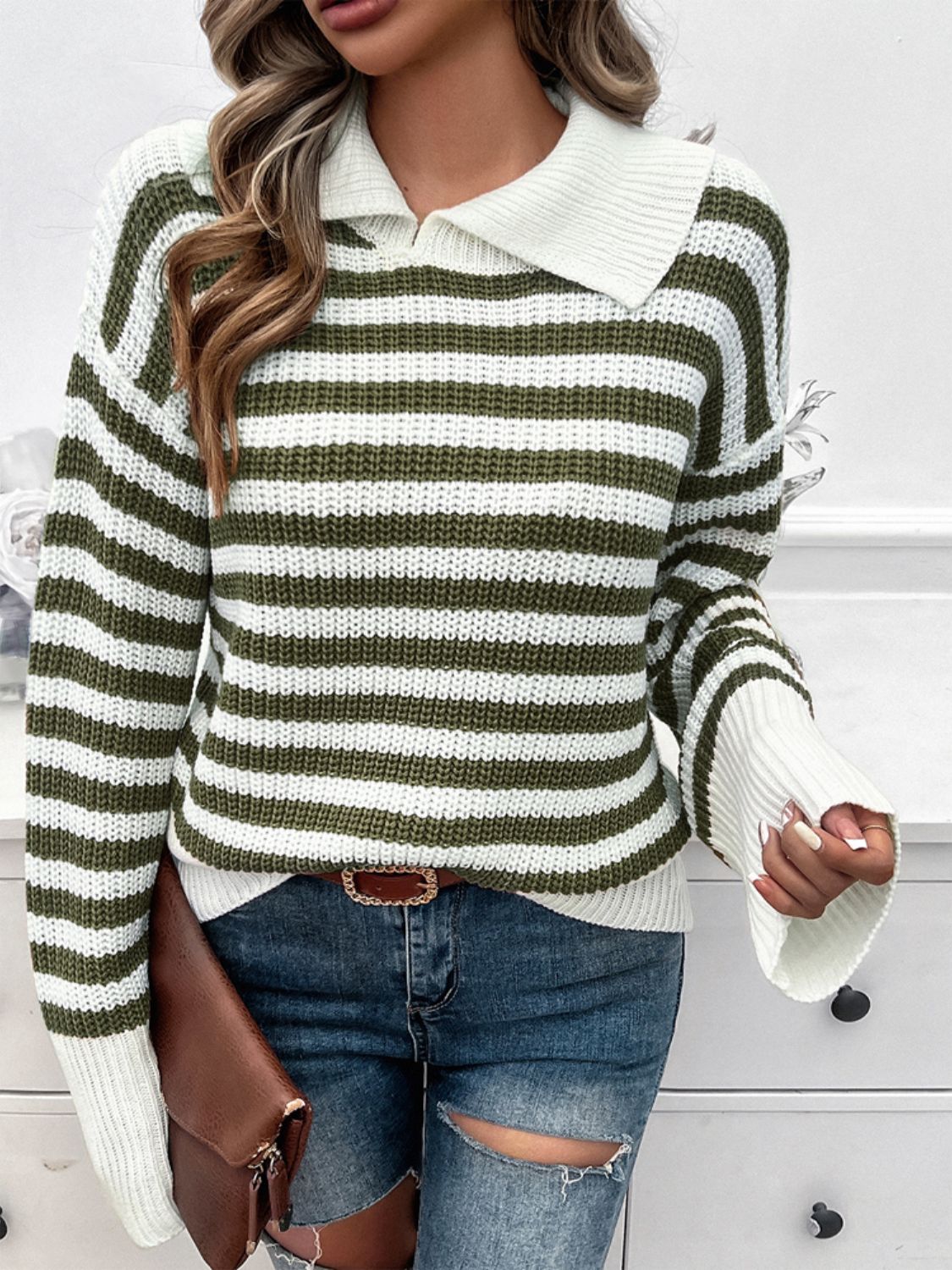 Women's Collared Striped Knit Sweater in Brown and White - Image 18