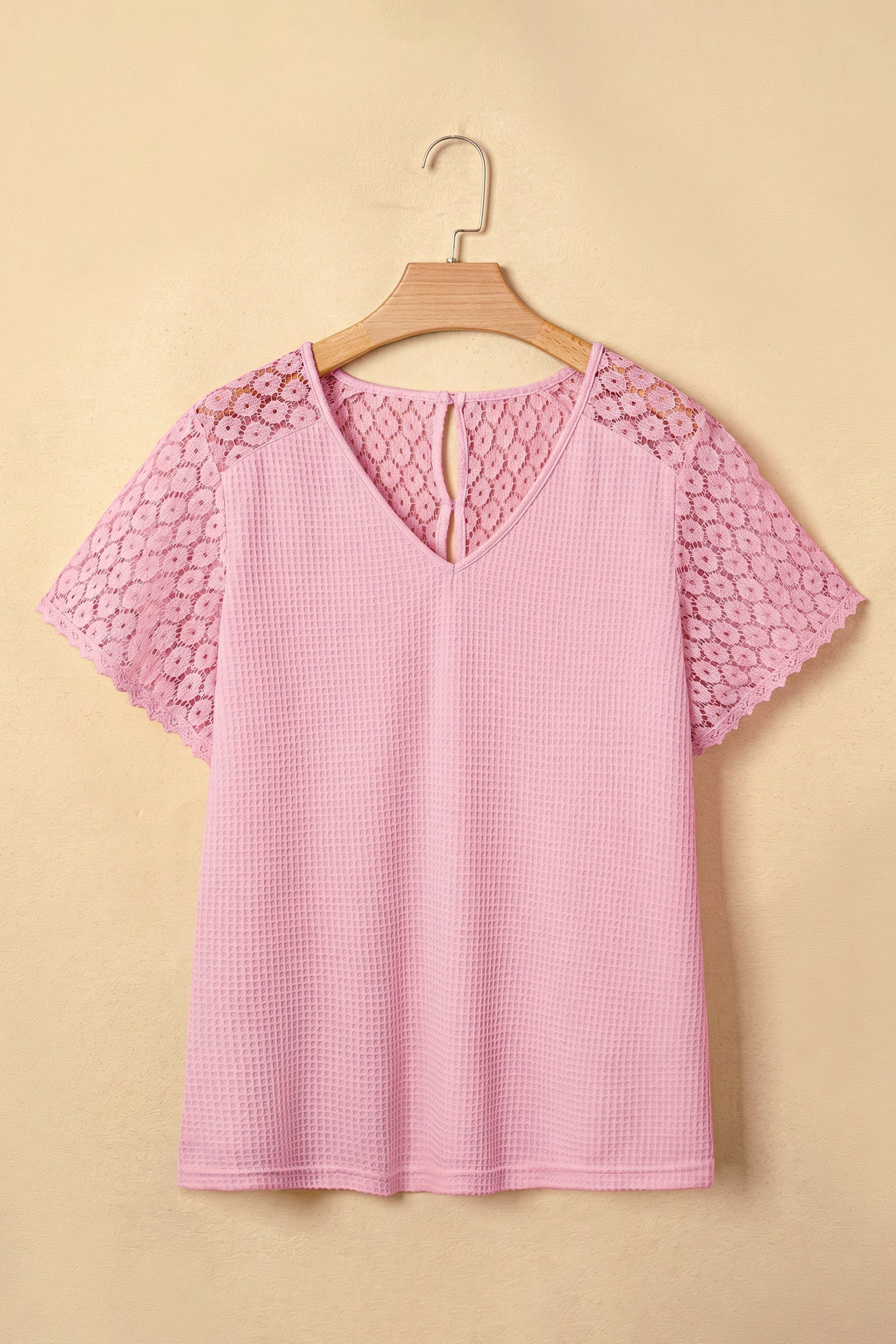 Nyomi Women’s Pink Waffle Knit V-Neck Blouse with Lace Details