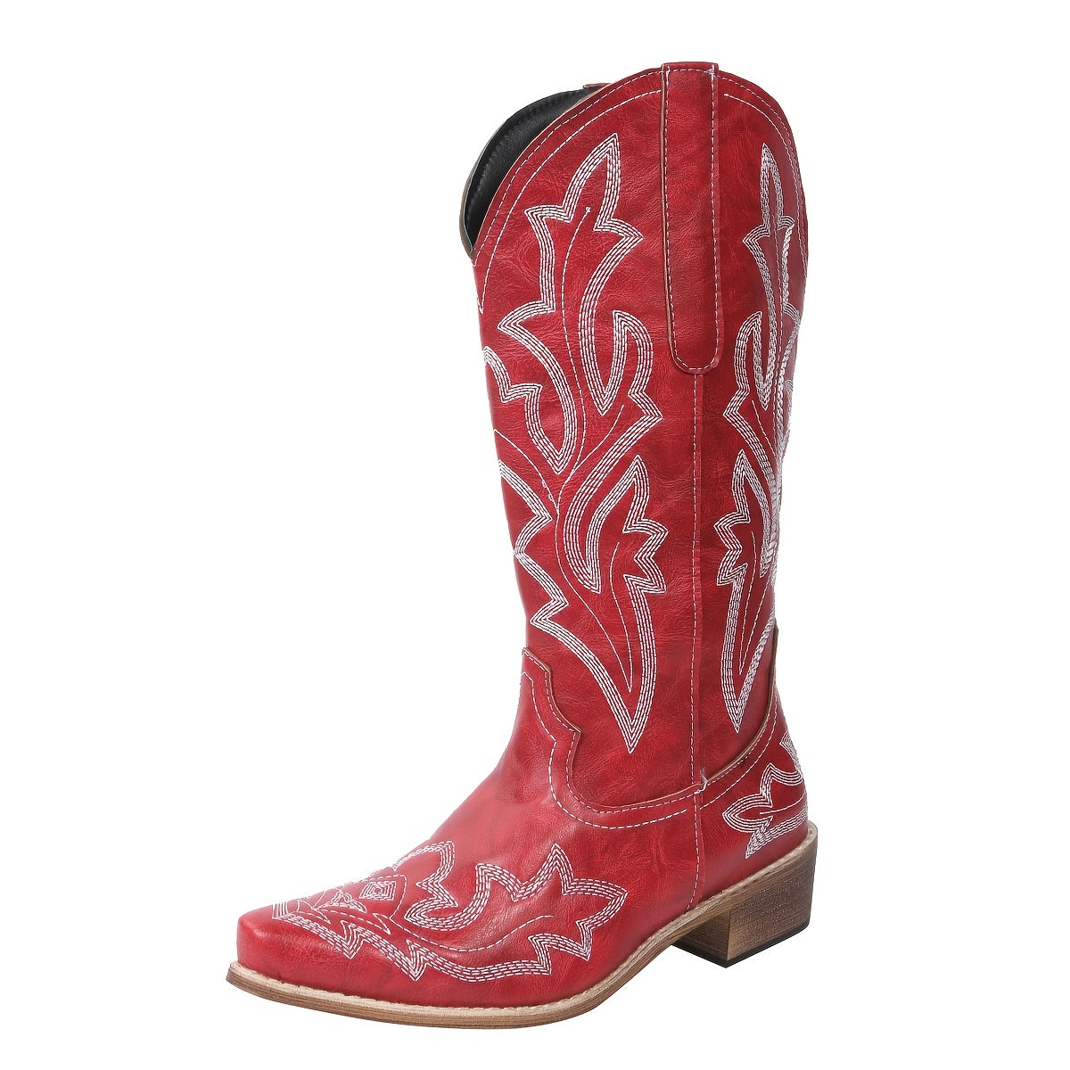 Women's Mid Calf Red Western Cowgirl Boots with White Embroidery - Image 3