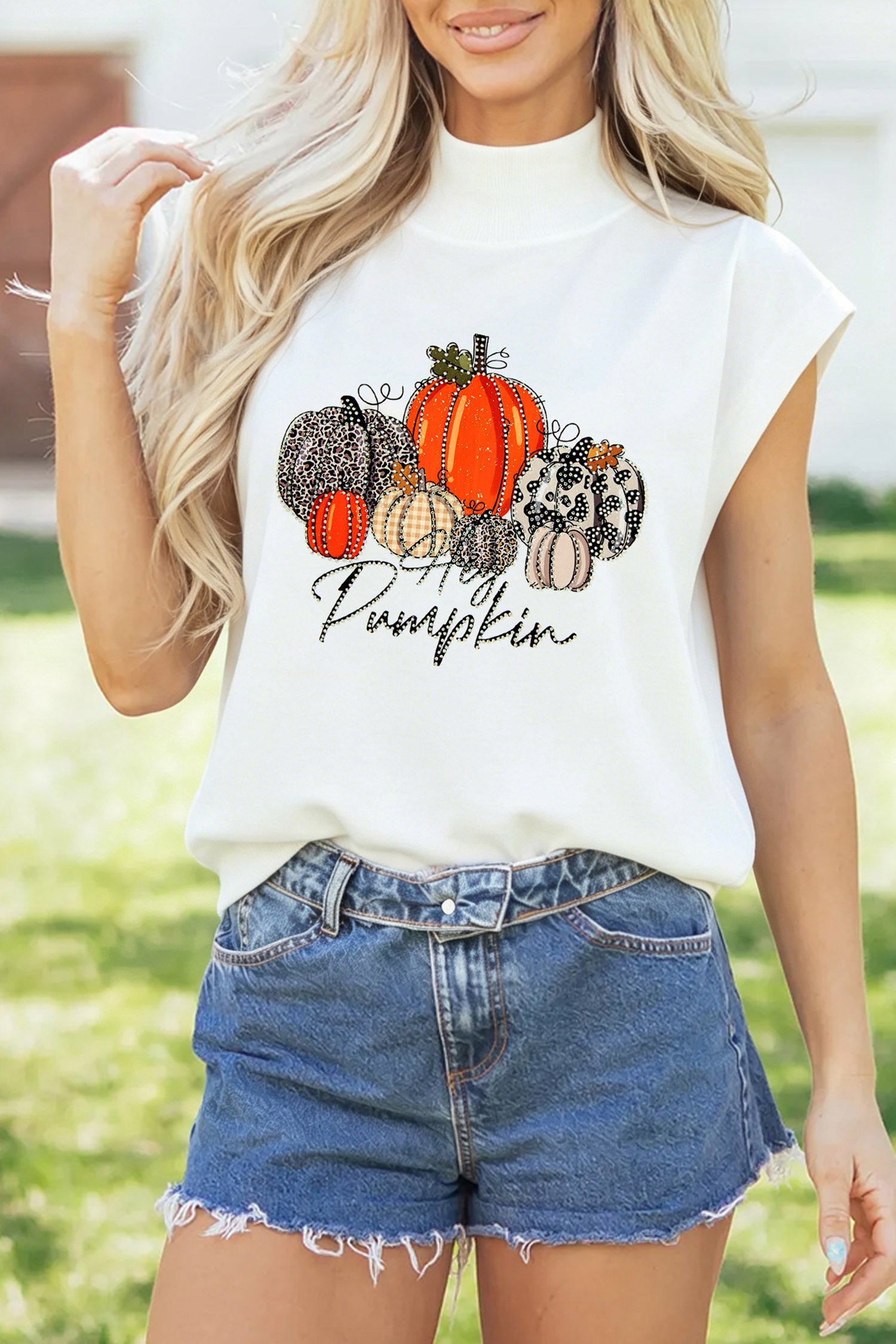 White Rhinestone Embellished Pumpkin Graphic High Neck Cap Sleeve Top