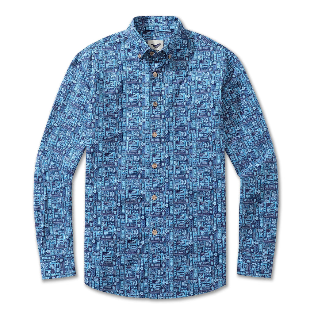 Men's long sleeve cotton button-down shirt with TIKI paradise print