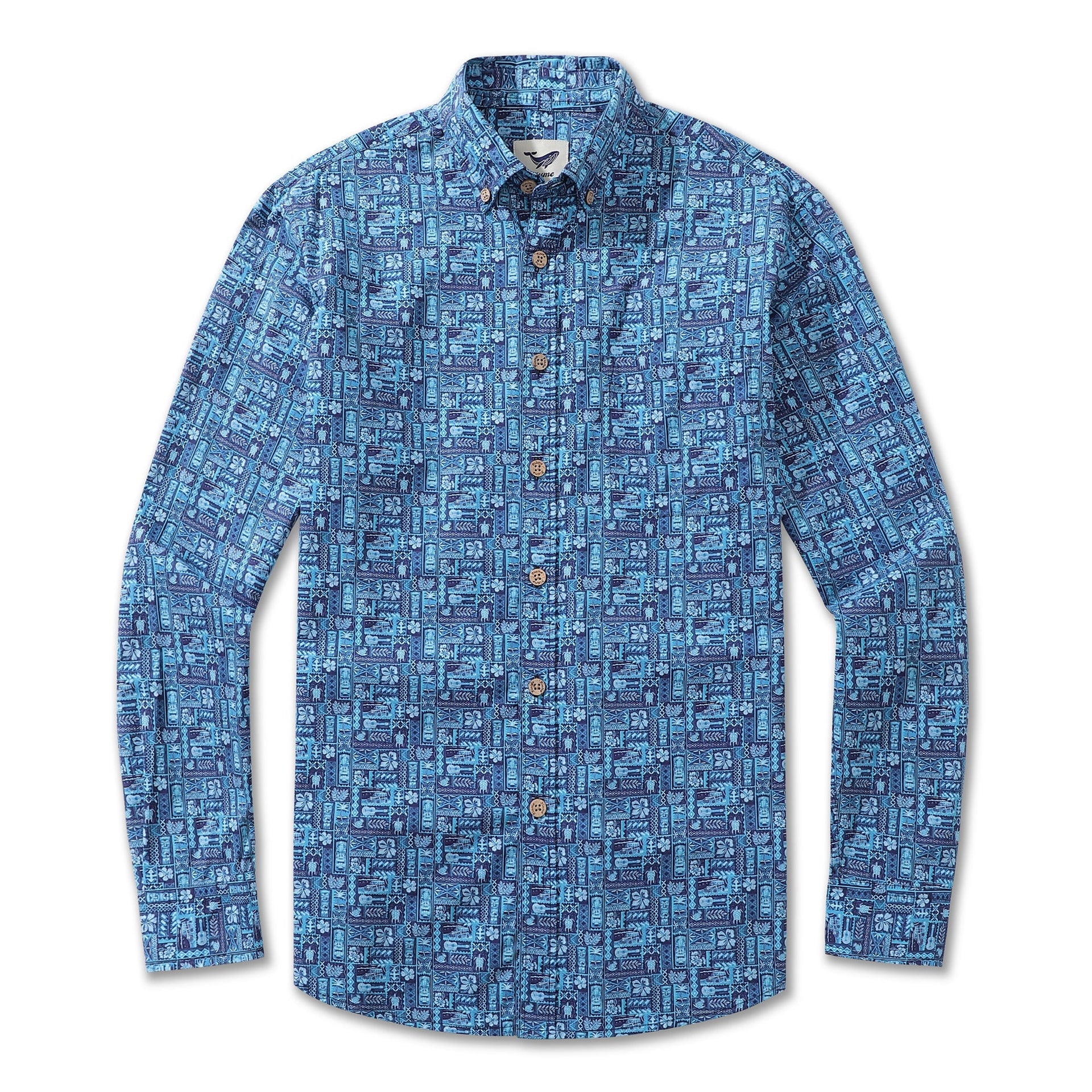 Men's long sleeve cotton button-down shirt with TIKI paradise print