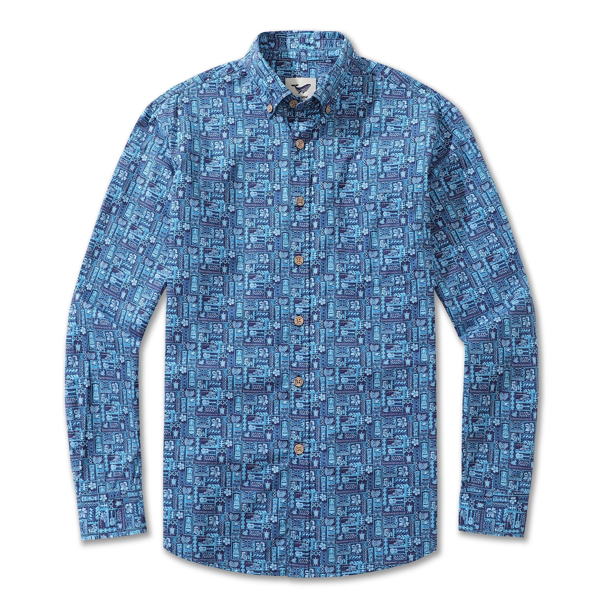Men's long sleeve cotton button-down shirt with TIKI paradise print