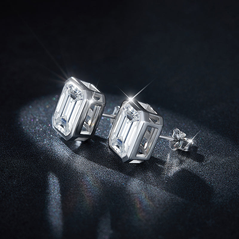 Emerald Cut Moissanite Stud Earrings with Geometric Bezel
